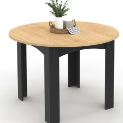 Table à manger ronde 110 cm 4-6 personnes noire plateau façon hêtre