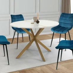 Table à manger ronde 110 cm 6 personnes avec plateau effet marbre doré et pied araignée en laiton