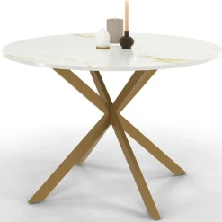 Table à manger ronde 110 cm 6 personnes avec plateau effet marbre doré et pied araignée en laiton