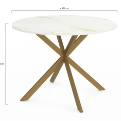 Table à manger ronde 110 cm 6 personnes avec plateau effet marbre doré et pied araignée en laiton