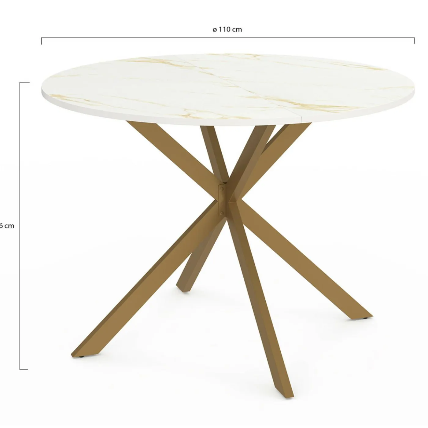 Table à manger ronde 110 cm 6 personnes avec plateau effet marbre doré et pied araignée en laiton