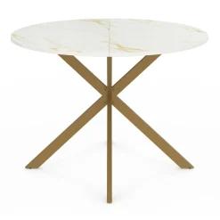 Table à manger ronde 110 cm 6 personnes avec plateau effet marbre doré et pied araignée en laiton
