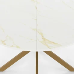 Table à manger ronde 110 cm 6 personnes avec plateau effet marbre doré et pied araignée en laiton
