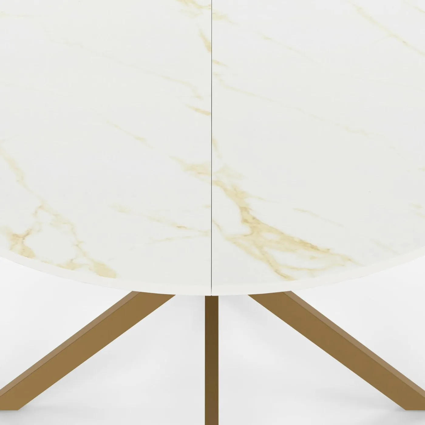 Table à manger ronde 110 cm 6 personnes avec plateau effet marbre doré et pied araignée en laiton