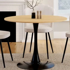 Table à manger ronde 100 cm bois et noir 4 personnes pied tulipe