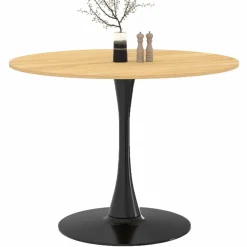 Table à manger ronde 100 cm bois et noir 4 personnes pied tulipe