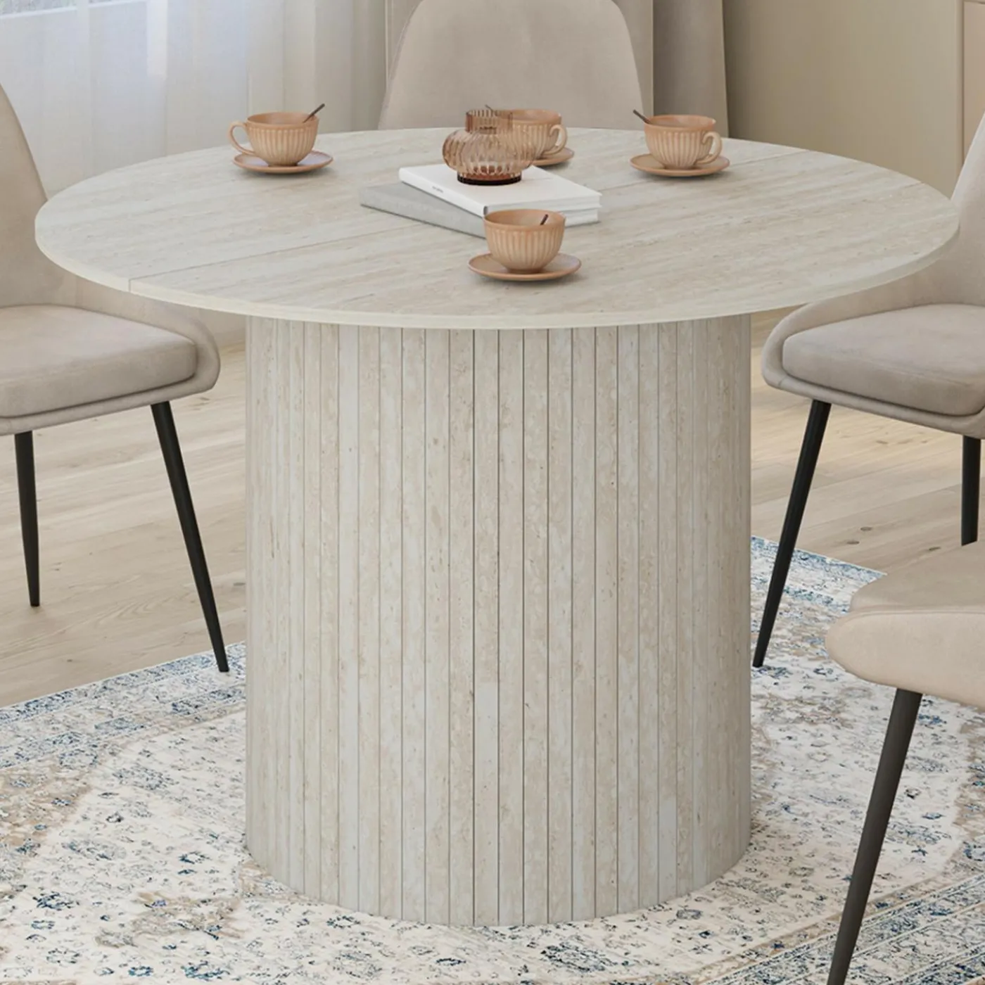 Table à manger ronde 6 personnes pied central effet lattes façon travertin 110 cm