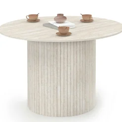 Table à manger ronde 6 personnes pied central effet lattes façon travertin 110 cm