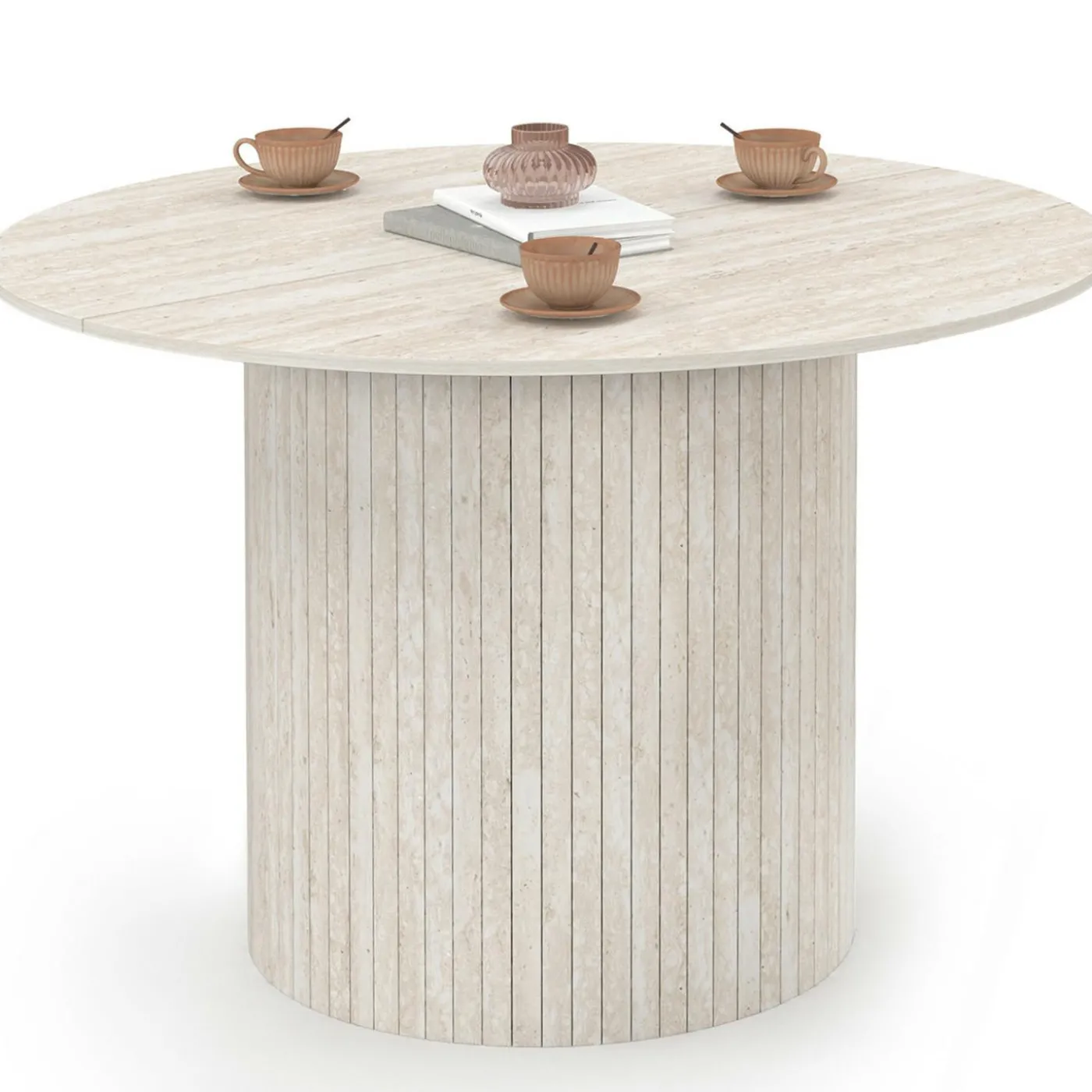 Table à manger ronde 6 personnes pied central effet lattes façon travertin 110 cm