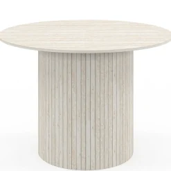 Table à manger ronde 6 personnes pied central effet lattes façon travertin 110 cm