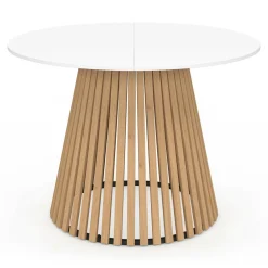 Table à manger ronde 6 personnes 110 cm plateau bois blanc et pied bois en lattes
