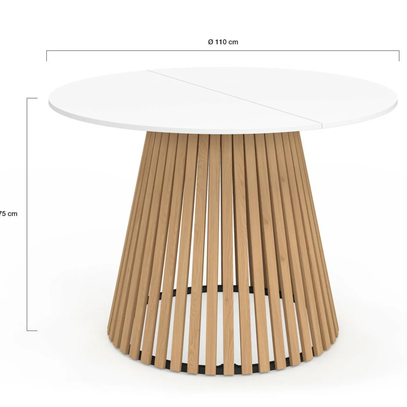 Table à manger ronde 6 personnes 110 cm plateau bois blanc et pied bois en lattes