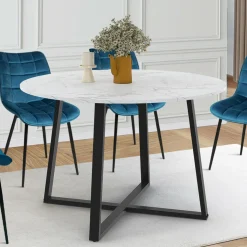 Table à manger ronde 4-6 personnes 110 cm effet marbre blanc et noir