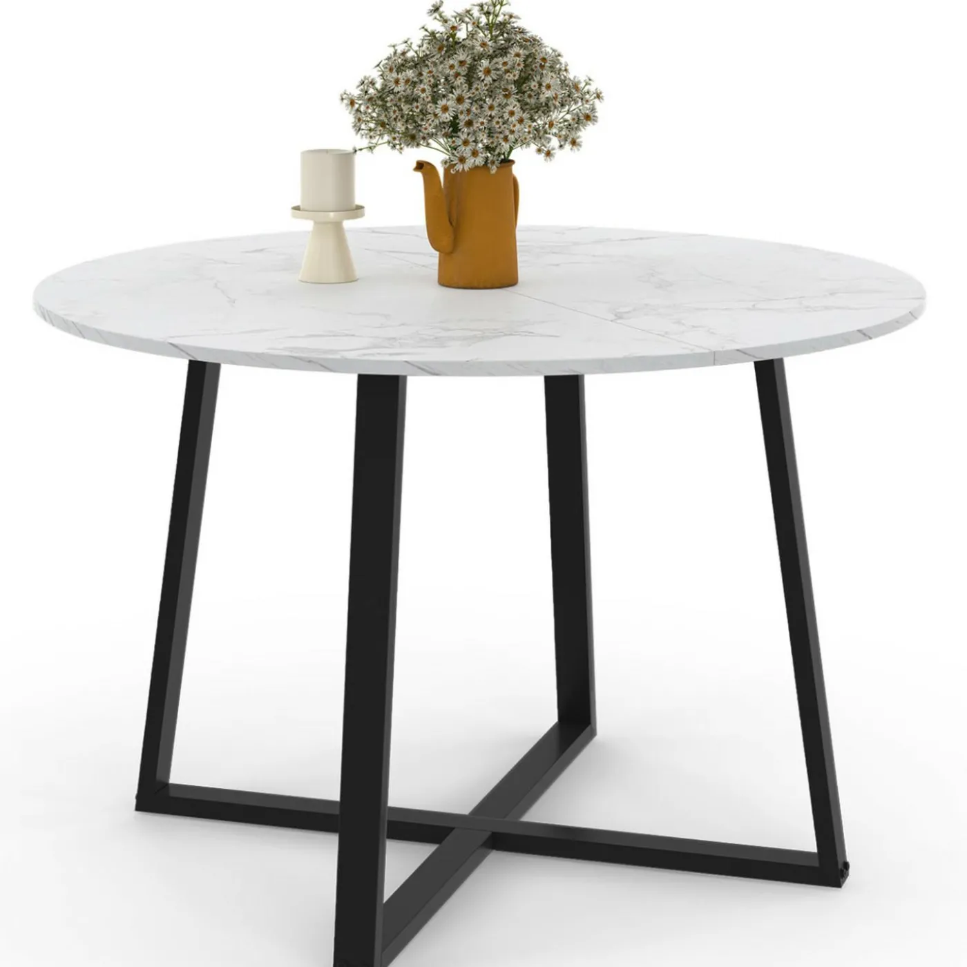Table à manger ronde 4-6 personnes 110 cm effet marbre blanc et noir