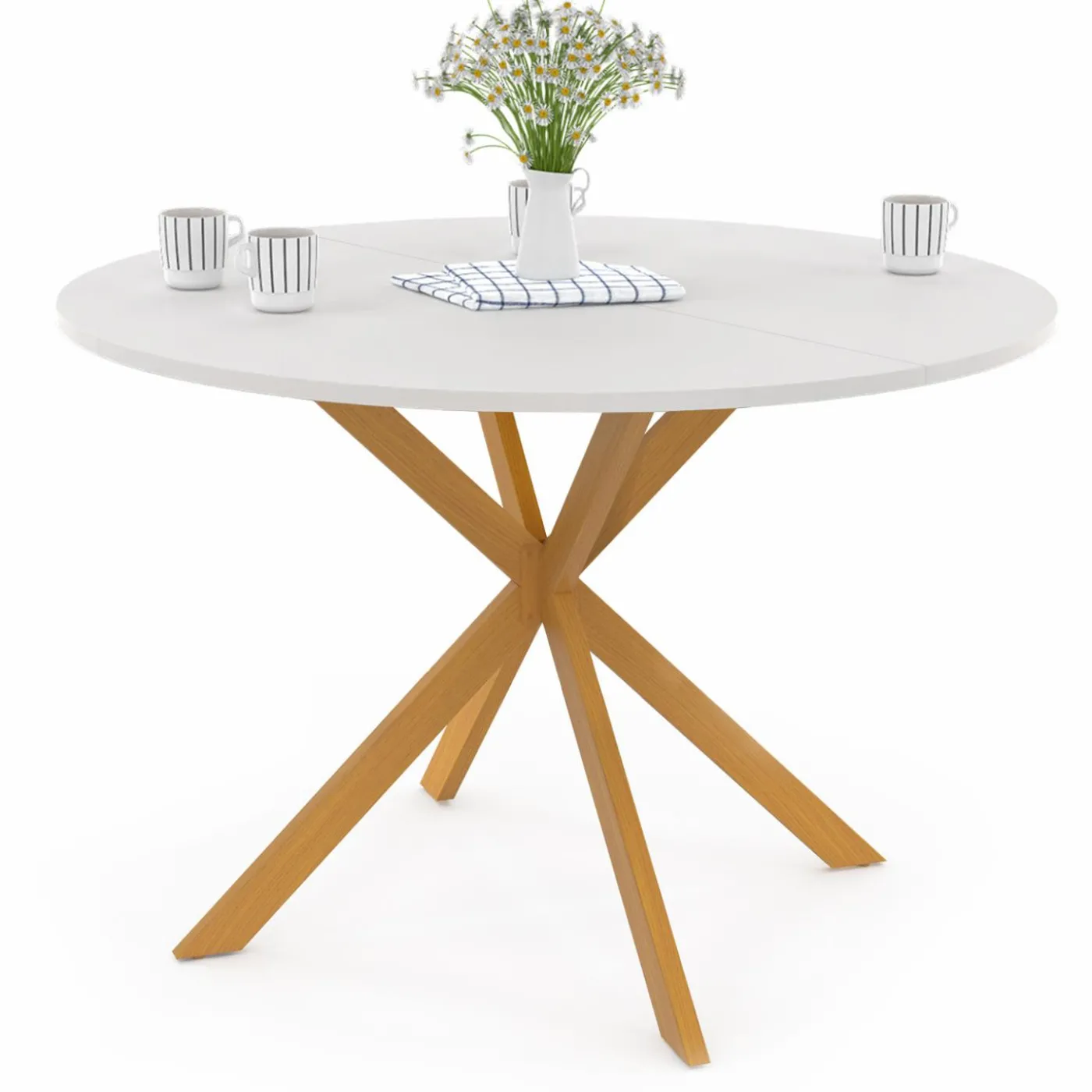Table à manger ronde 6 personnes 110 cm bois et blanc