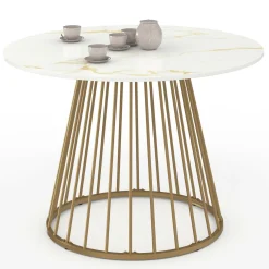 Table à manger ronde 6 personnes pied filaire laiton et plateau effet marbre blanc 110 cm