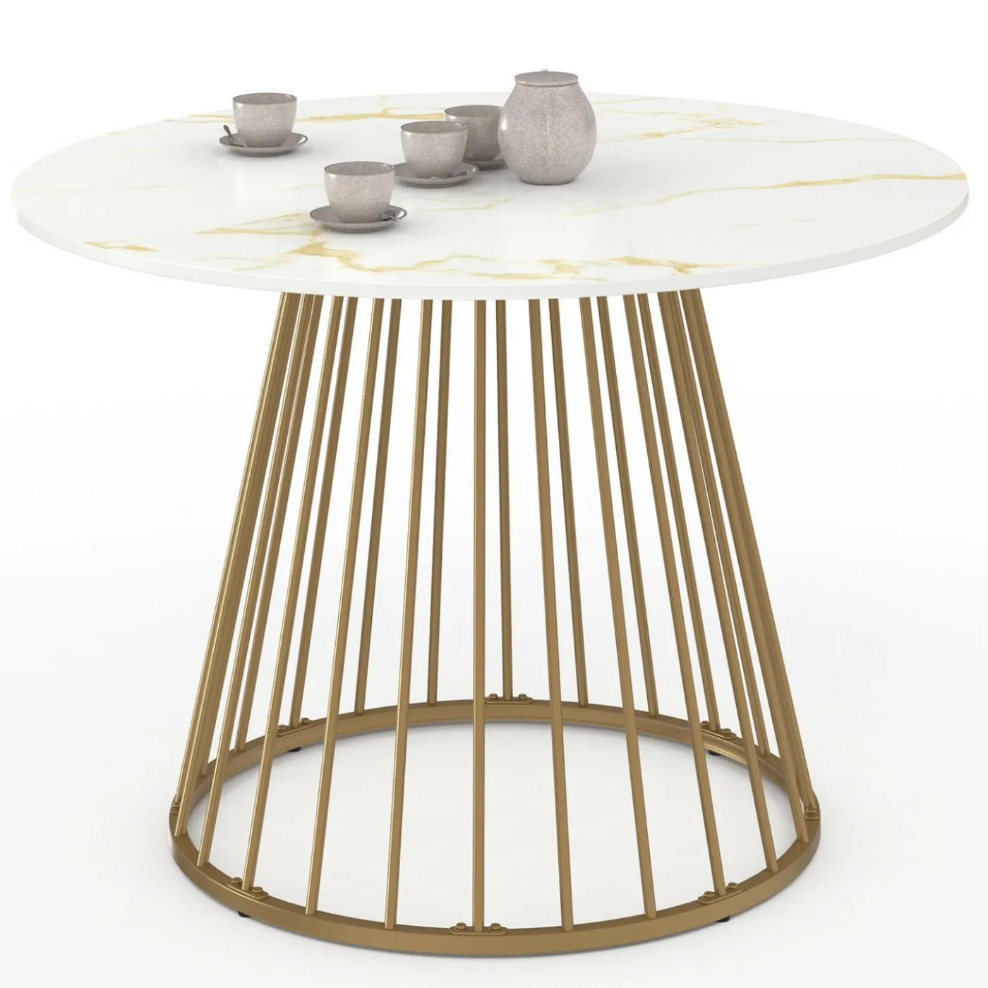 Table à manger ronde 6 personnes pied filaire laiton et plateau effet marbre blanc 110 cm