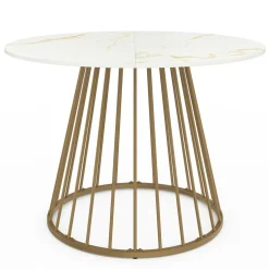 Table à manger ronde 6 personnes pied filaire laiton et plateau effet marbre blanc 110 cm