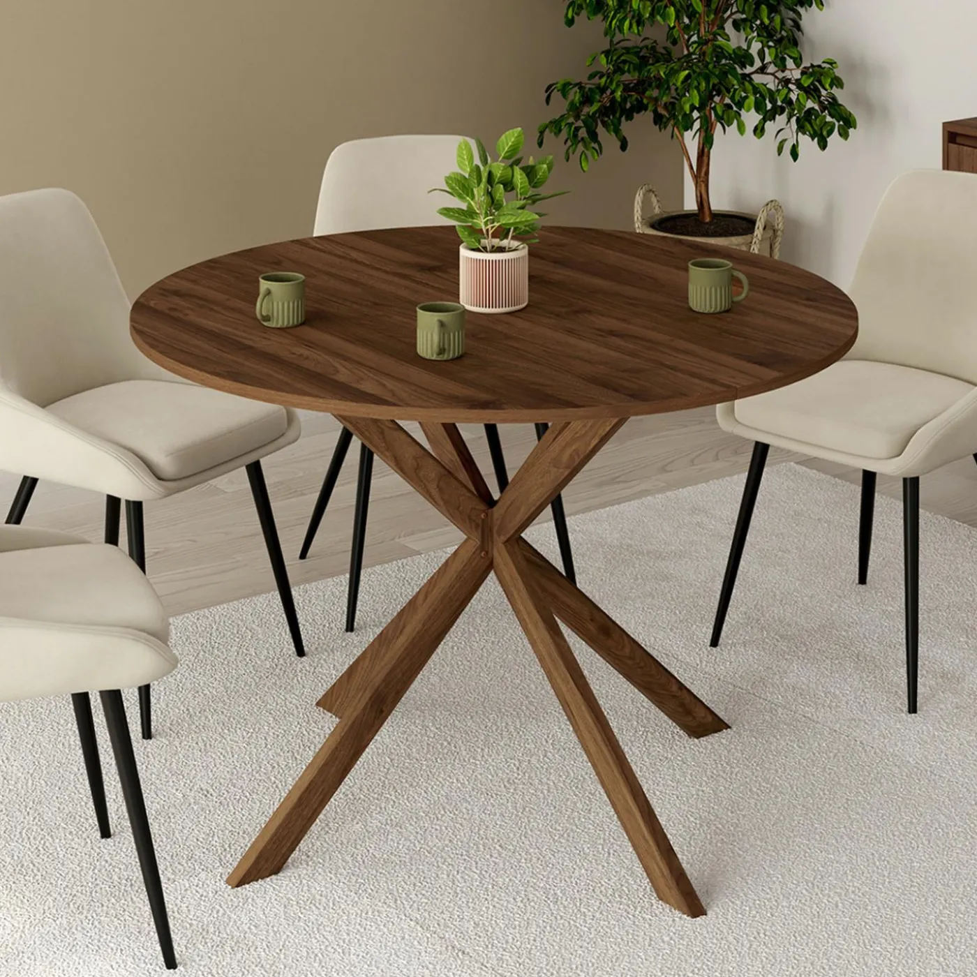 Table à manger ronde ALIX 6 personnes pied araignée noyer 110 cm