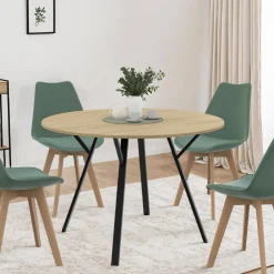 Table à manger ronde bois et noir 110 cm 4-6 personnes