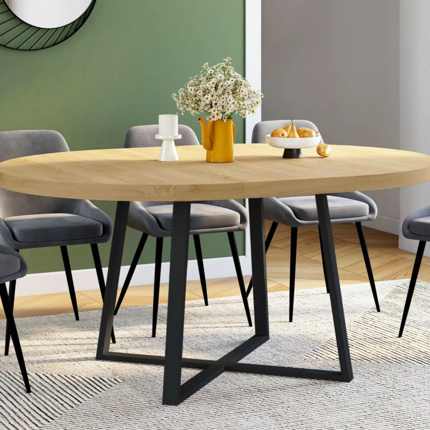 Table à manger ronde bois et noir 4-8 personnes