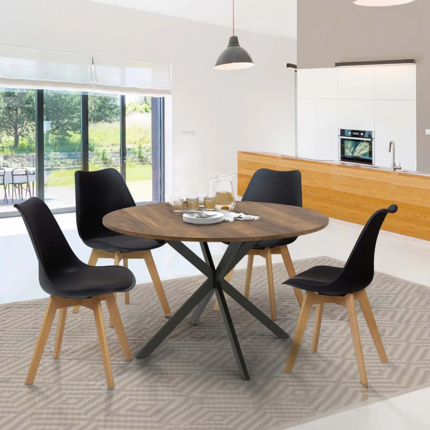 Table à manger ronde bois foncé et noir 110 cm