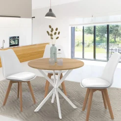 Table à manger ronde bois et blanc 80 cm 2-4 personnes