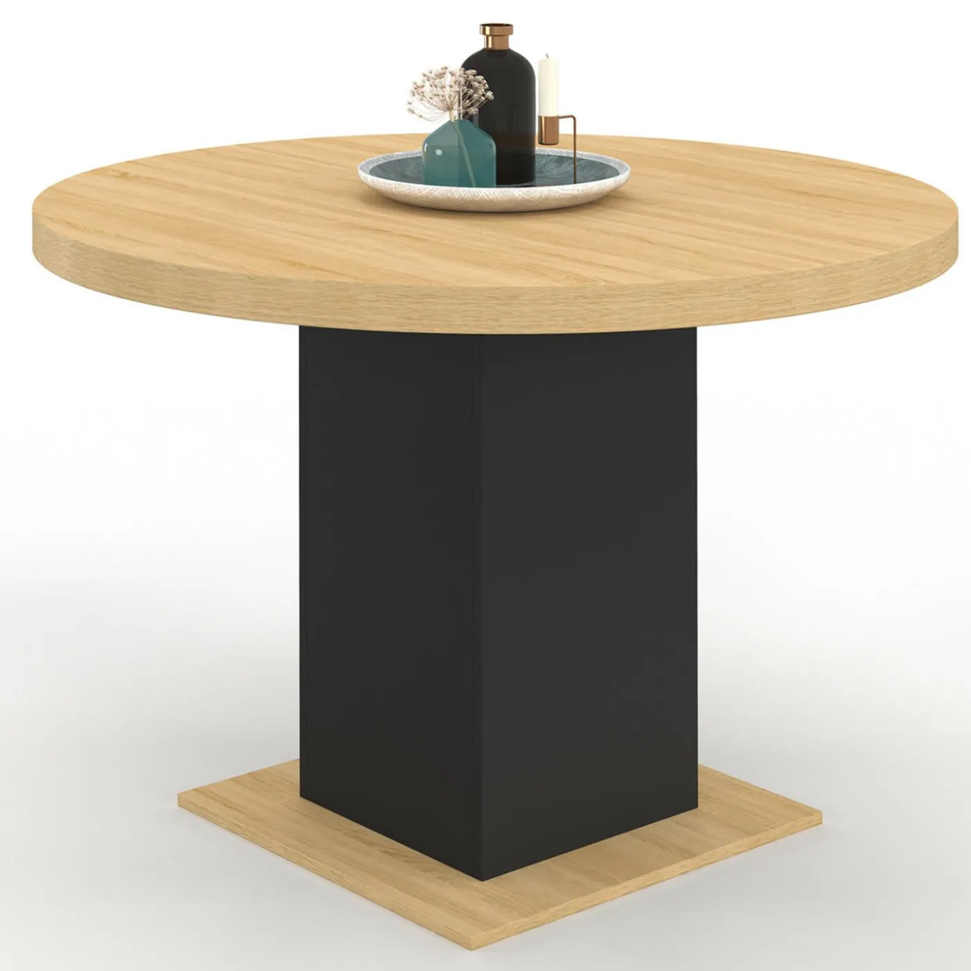 Table à manger ronde bois et noir 6 personnes