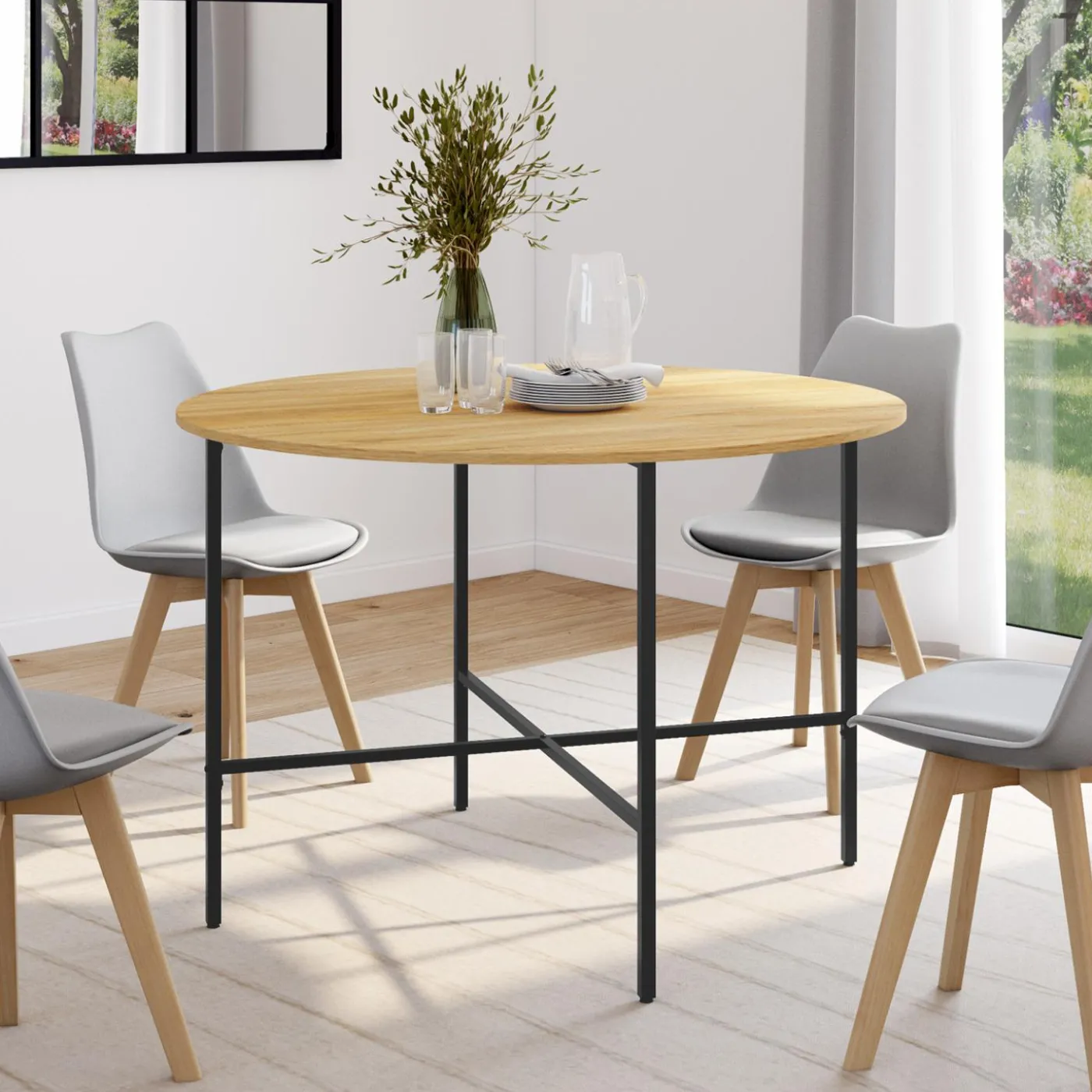 Table à manger ronde bois et métal 110 cm 4 personnes