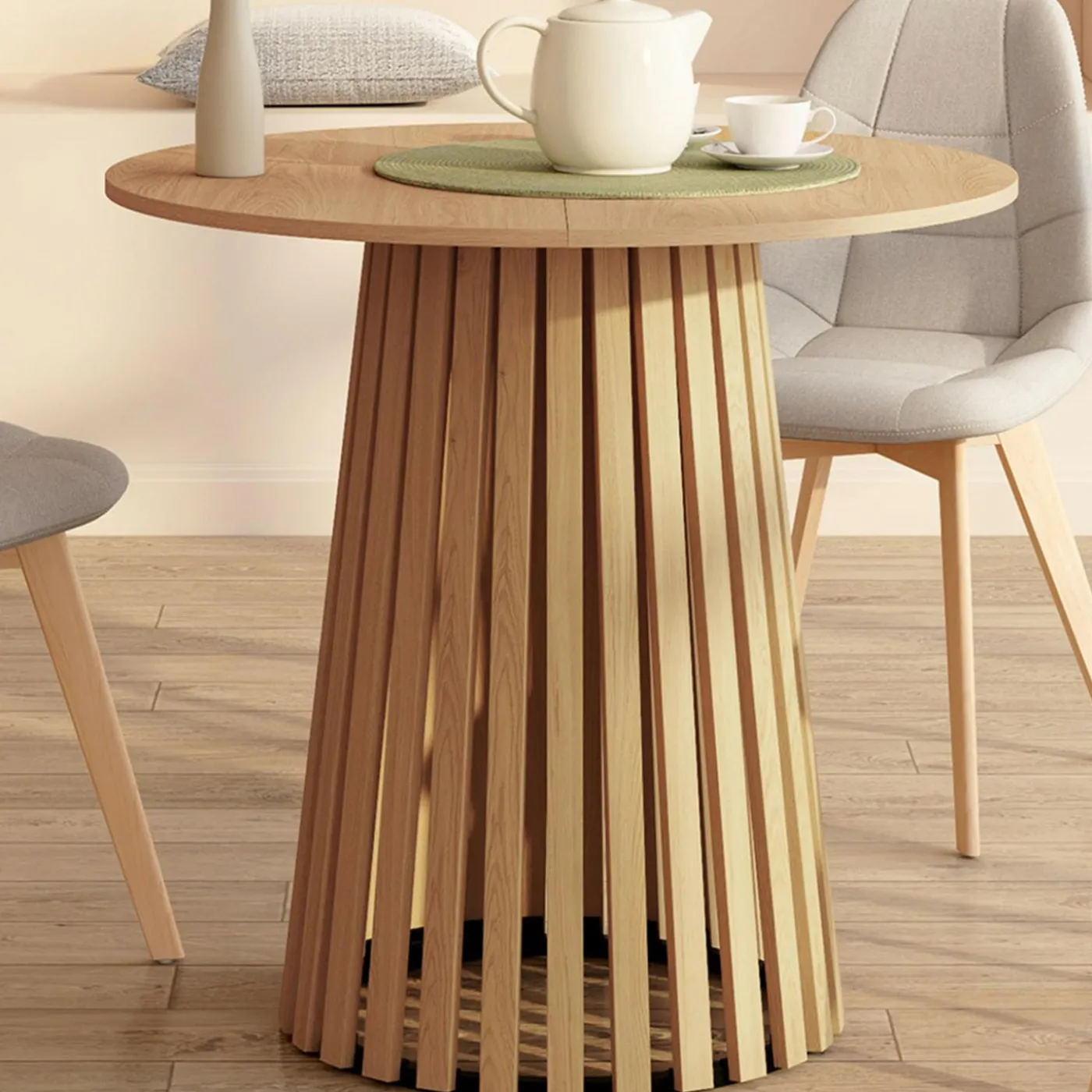 Table à manger ronde CARMEN 6 personnes pied bois en lattes et plateau bois 80 cm