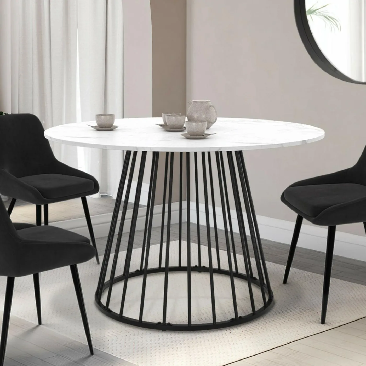 Table à manger ronde effet marbre blanc et pied en métal