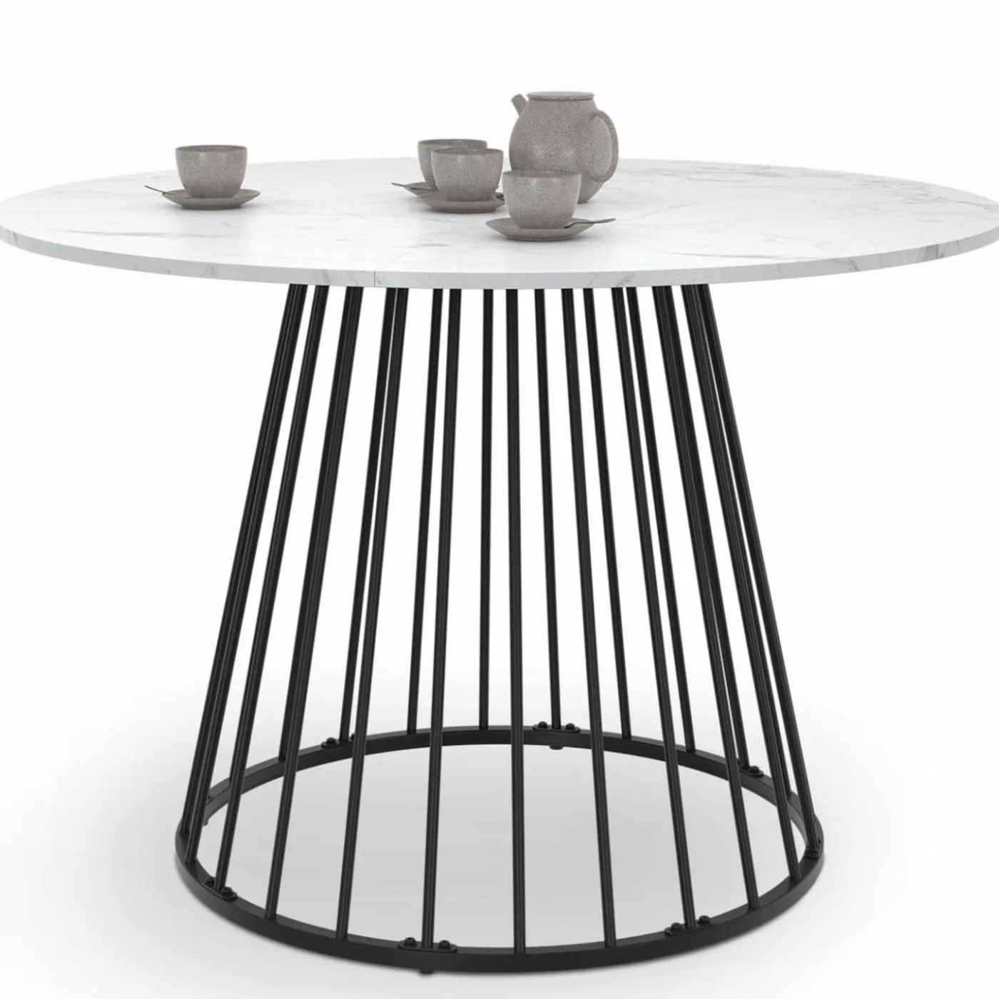 Table à manger ronde effet marbre blanc et pied en métal