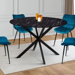 Table à manger ronde effet marbre noir pied araignée métal noir