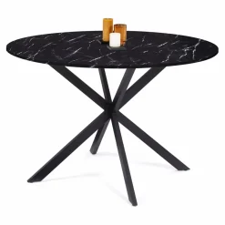 Table à manger ronde effet marbre noir pied araignée métal noir