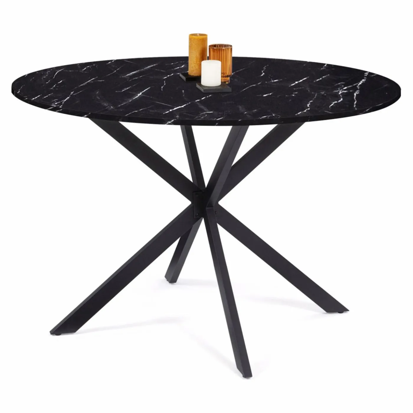 Table à manger ronde effet marbre noir pied araignée métal noir