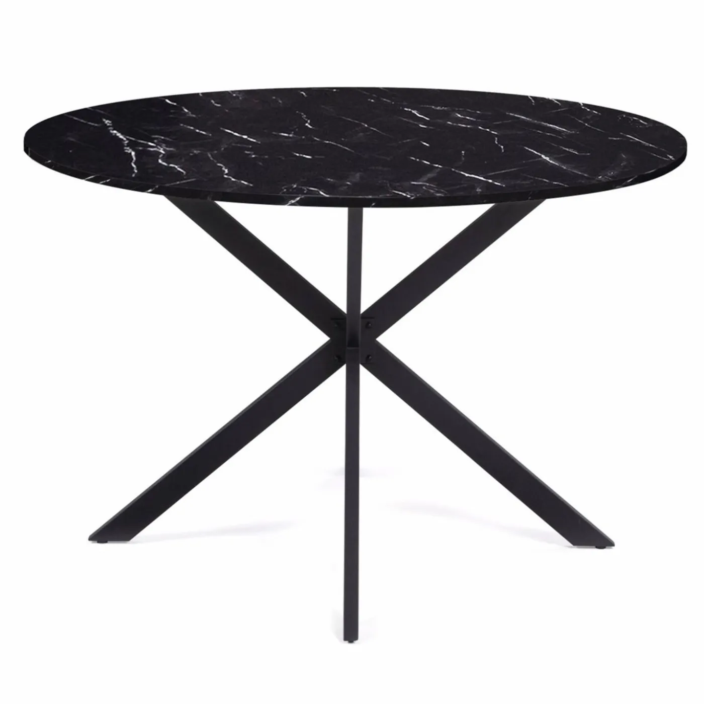 Table à manger ronde effet marbre noir pied araignée métal noir
