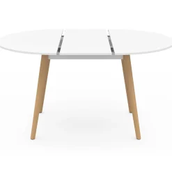 Table à manger ronde extensible 4-8 personnes blanc pied bois 110-150 cm