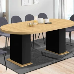 Table à manger ronde extensible 110-200 cm 4-10 personnes bois et noir style moderne