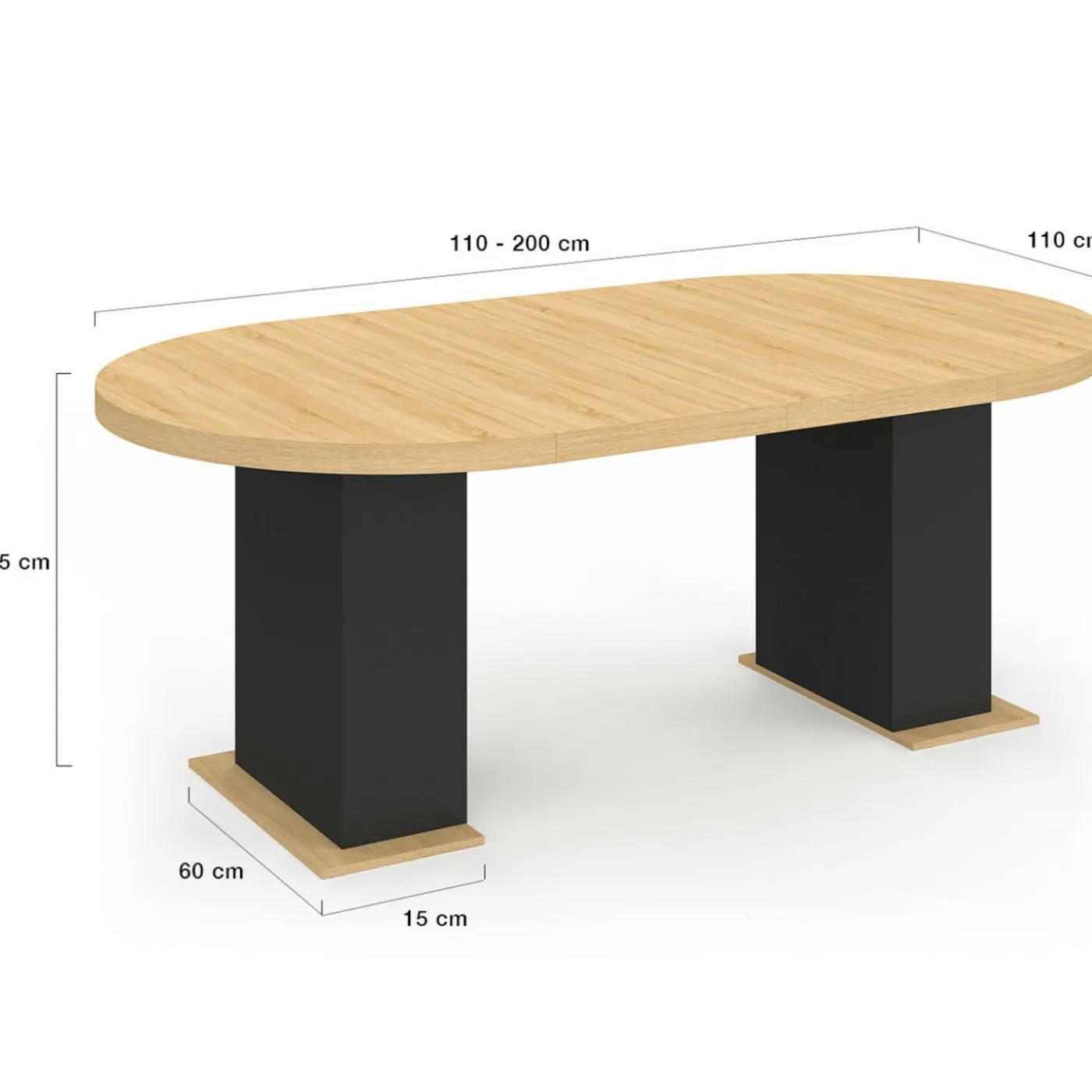 Table à manger ronde extensible 110-200 cm 4-10 personnes bois et noir style moderne