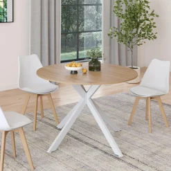 Table à manger ronde extensible bois et blanc 110-150 cm 4-8 personnes pied araignée