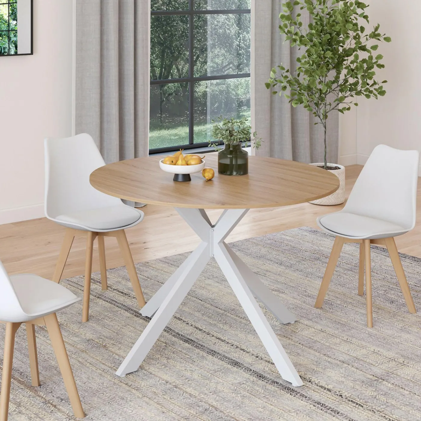 Table à manger ronde extensible bois et blanc 110-150 cm 4-8 personnes pied araignée