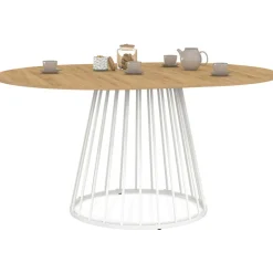 Table à manger ronde extensible 110-150 cm 4-8 personnes plateau bois et pied filaire métal blanc