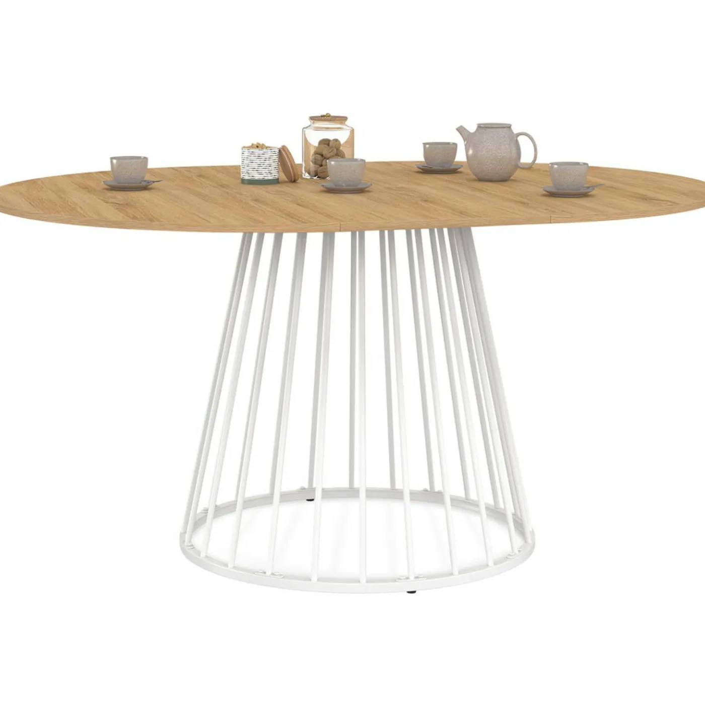Table à manger ronde extensible 110-150 cm 4-8 personnes plateau bois et pied filaire métal blanc
