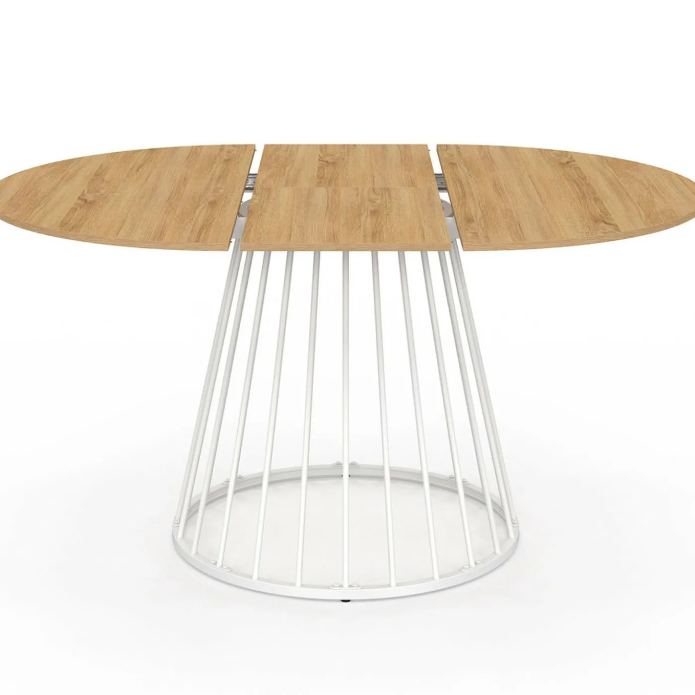 Table à manger ronde extensible 110-150 cm 4-8 personnes plateau bois et pied filaire métal blanc