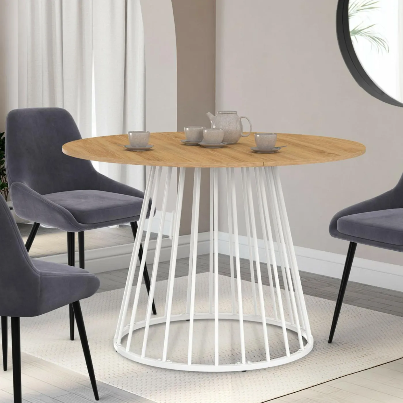 Table à manger ronde extensible 110-150 cm 4-8 personnes plateau bois et pied filaire métal blanc