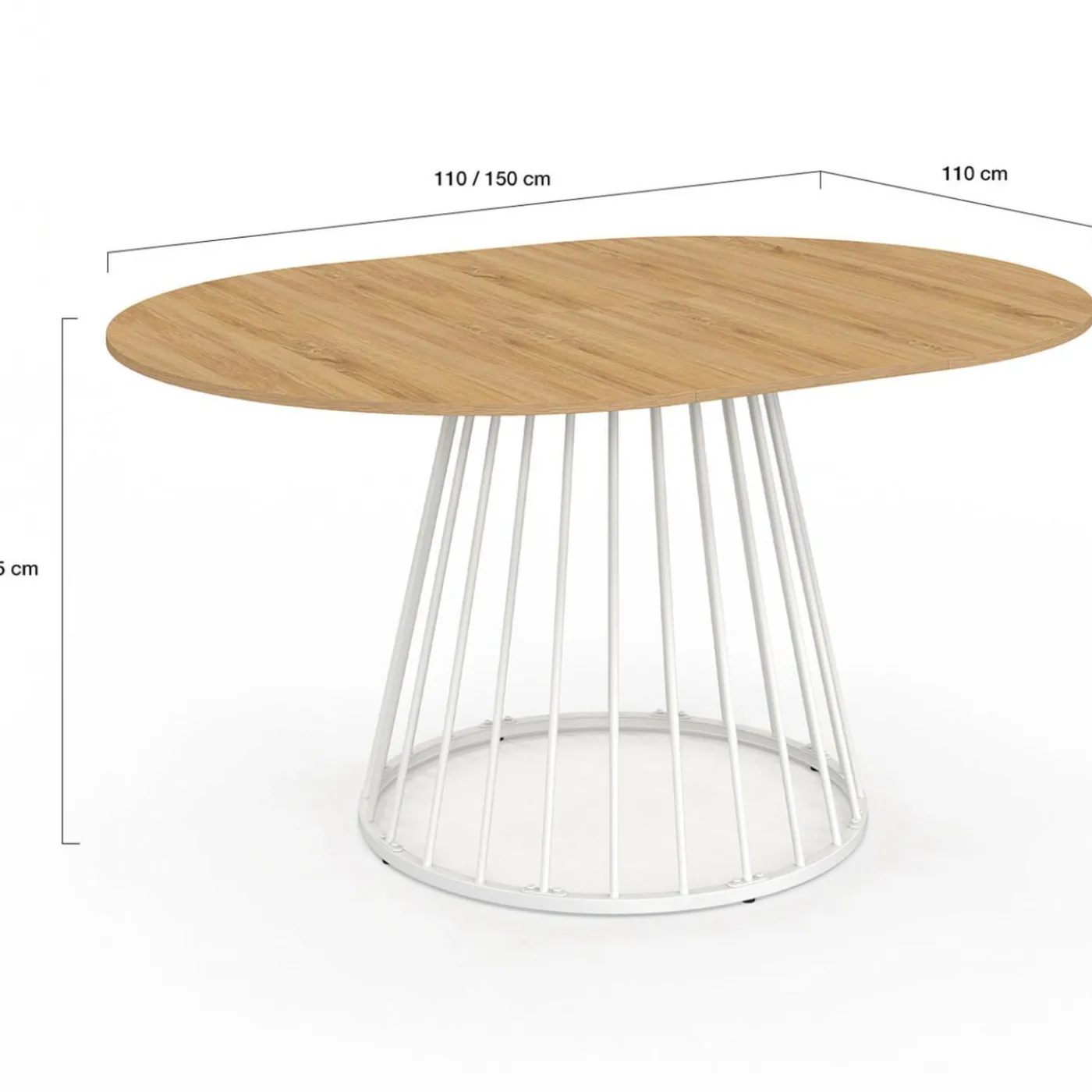 Table à manger ronde extensible 110-150 cm 4-8 personnes plateau bois et pied filaire métal blanc