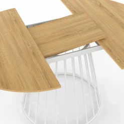 Table à manger ronde extensible 110-150 cm 4-8 personnes plateau bois et pied filaire métal blanc