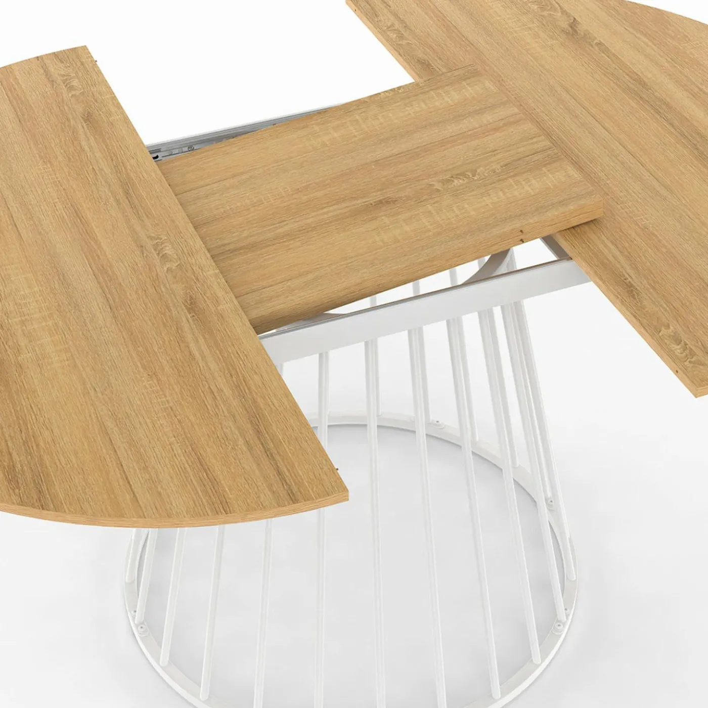Table à manger ronde extensible 110-150 cm 4-8 personnes plateau bois et pied filaire métal blanc