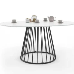 Table à manger ronde extensible 110-150 cm 4-8 personnes plateau effet marbre blanc et pied filaire métal noir