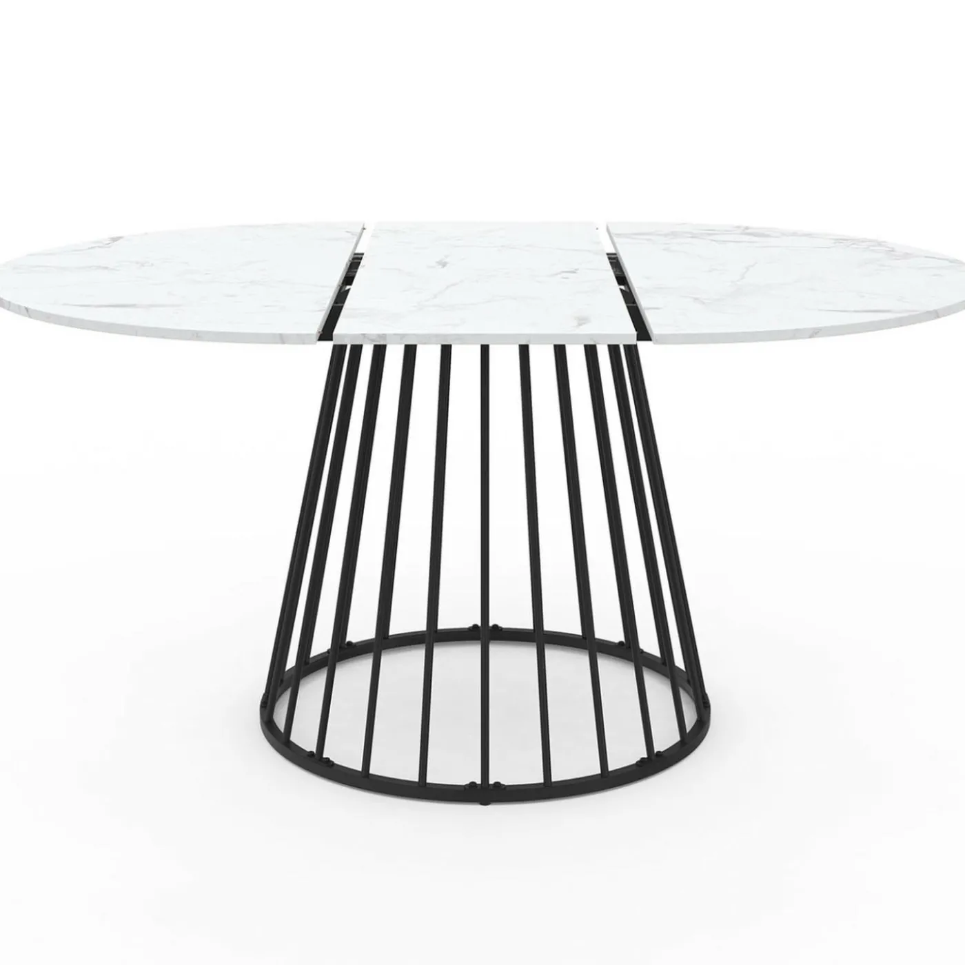 Table à manger ronde extensible 110-150 cm 4-8 personnes plateau effet marbre blanc et pied filaire métal noir